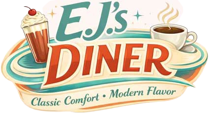 EJ’s Diner logo with a milkshake, coffee cup, and slogan: Classic Comfort, Modern Flavor.